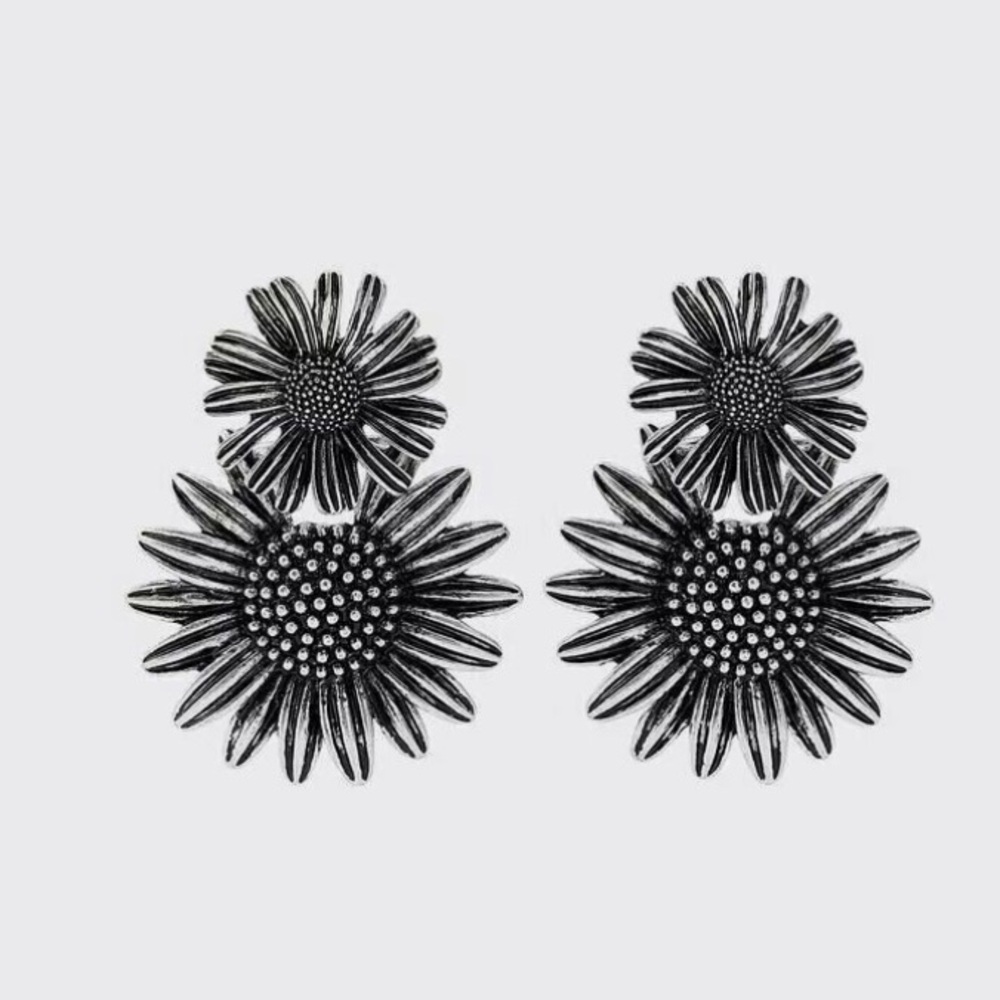 Zara‎ Floral Double Flower Silver Earrings Bohemian Fairy Sunflower